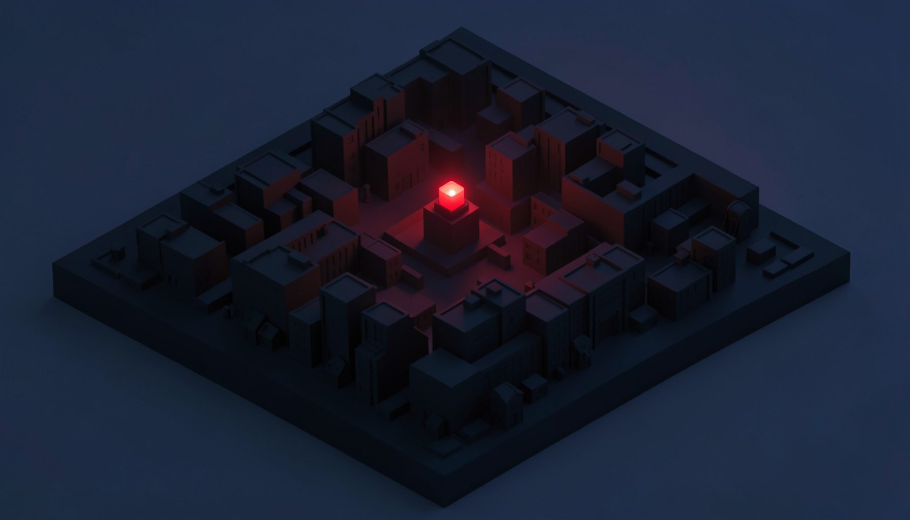 Isometric 3D render of a dark charcoal cityscape at dusk with a single glowing red beacon light and soft blue ambient reflections, quiet and minimal mood