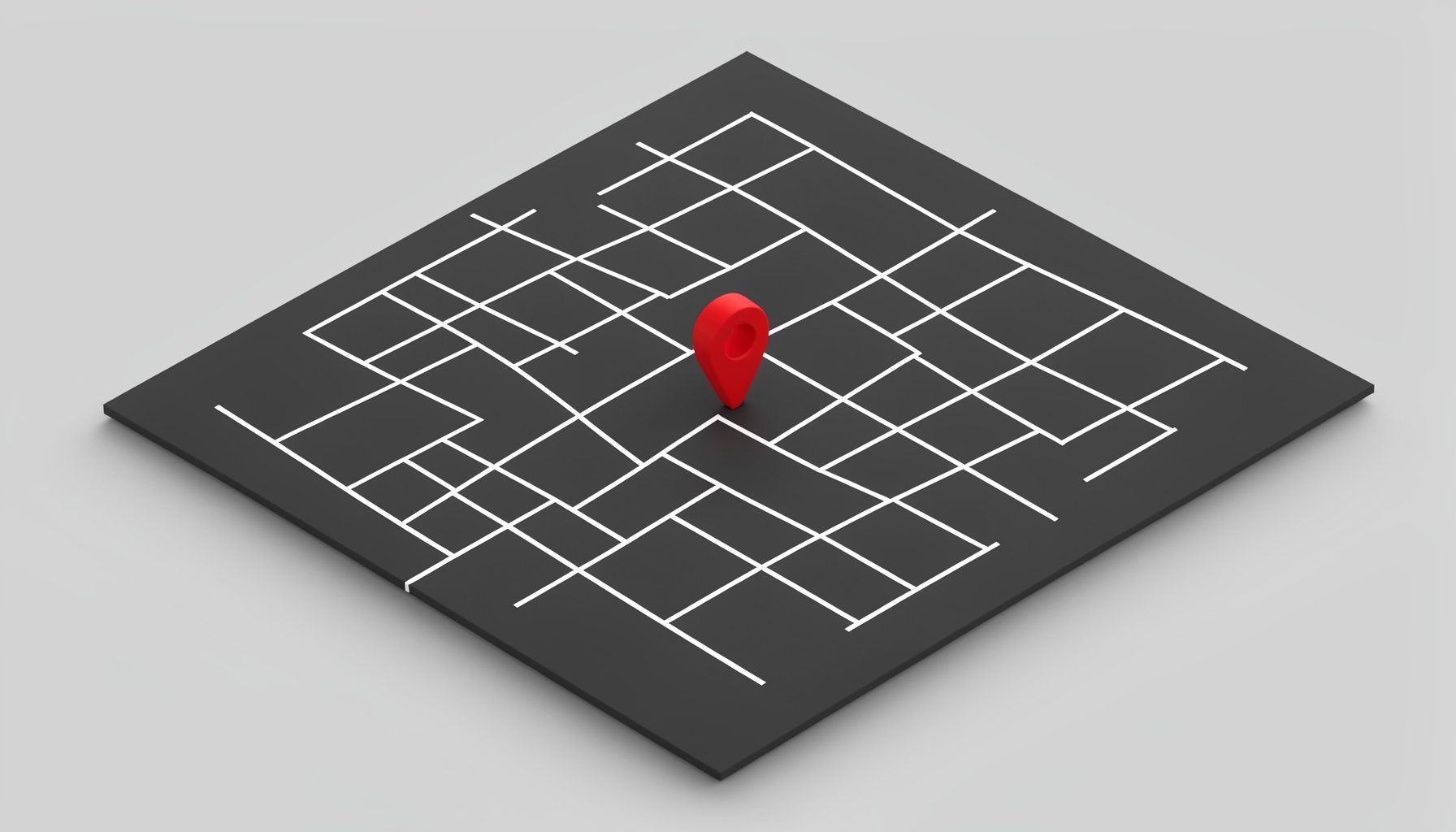 Isometric 3D render of a simplified flat map grid in dark charcoal and white lines with a single red location pin marker, minimal and clean mood