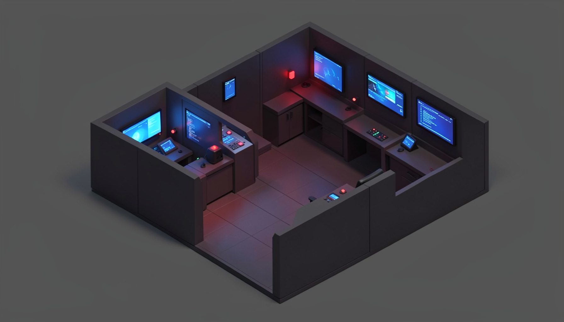 Isometric 3D render of a stylized digital control room with dark charcoal panels, glowing blue accent screens, and small red indicator lights, conveying a calm, organized, modern mood